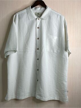 Island Shores Men’s Short Sleeve Button-Up Camp Shirt Casual Beige Stripe XXL